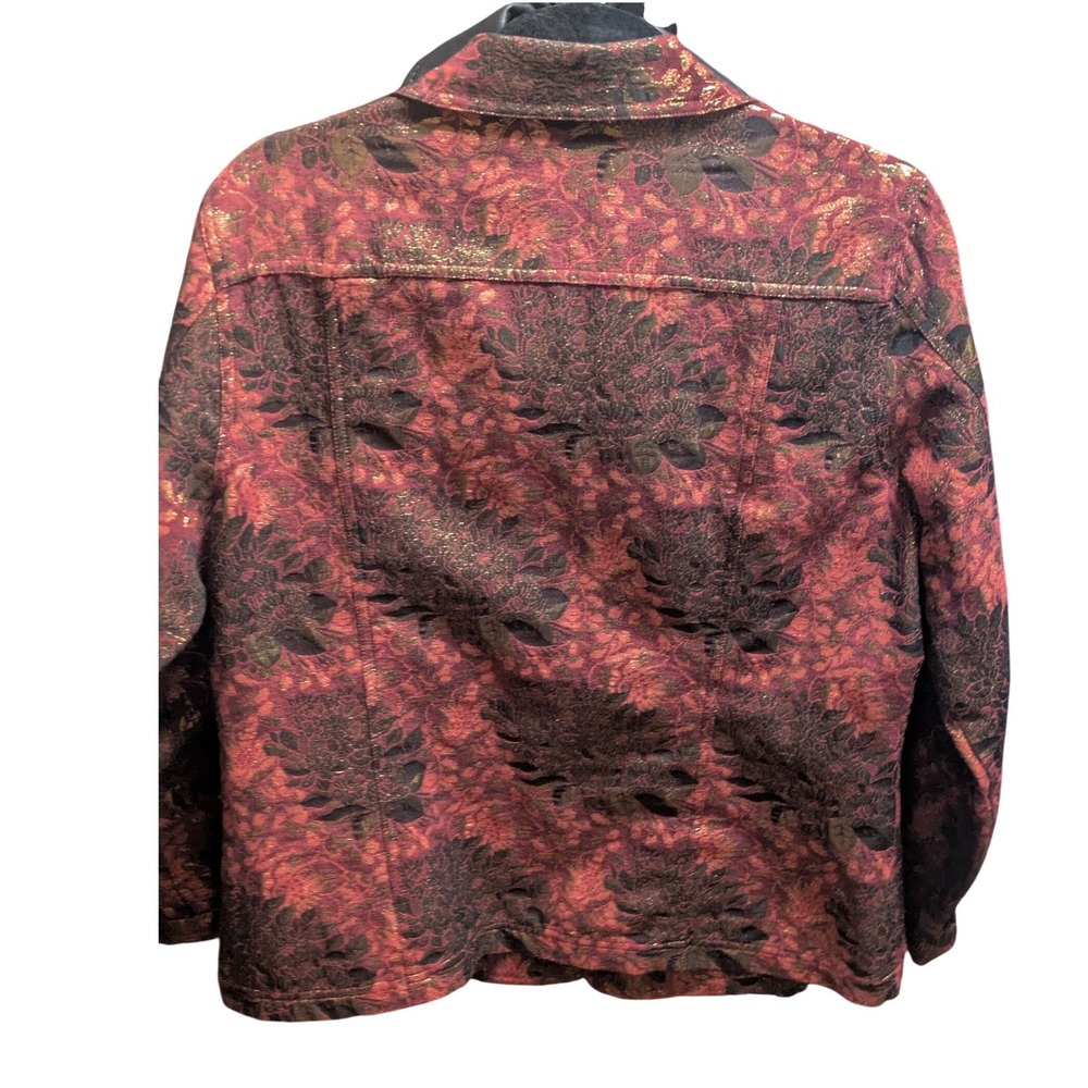 Chicos Womens Size 2 Burgundy Gold Metallic Floral Brocade Blazer Jacket Evening - Picture 7 of 8